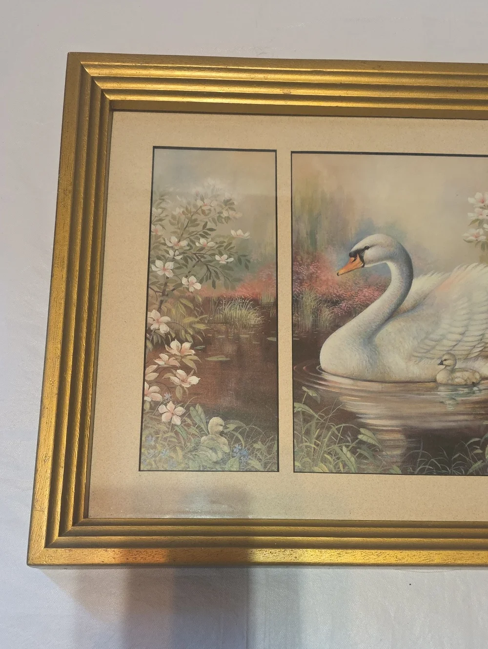 Vintage Triptych Framed Swan Print with Gold Resin Frame Cottagecore 19x14